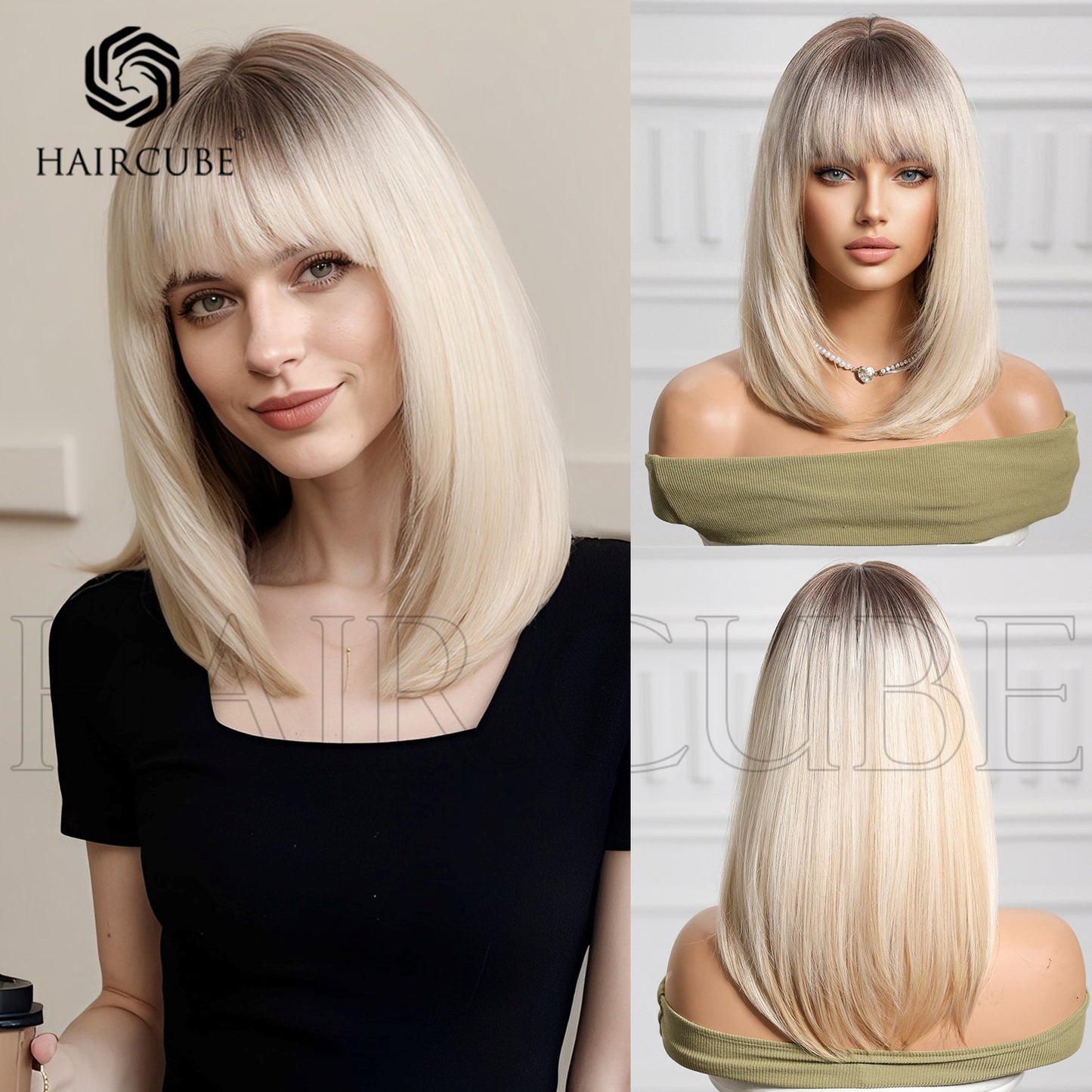Female Fiber Chemical Hair Bangs Brown Medium Long Straight Wig
