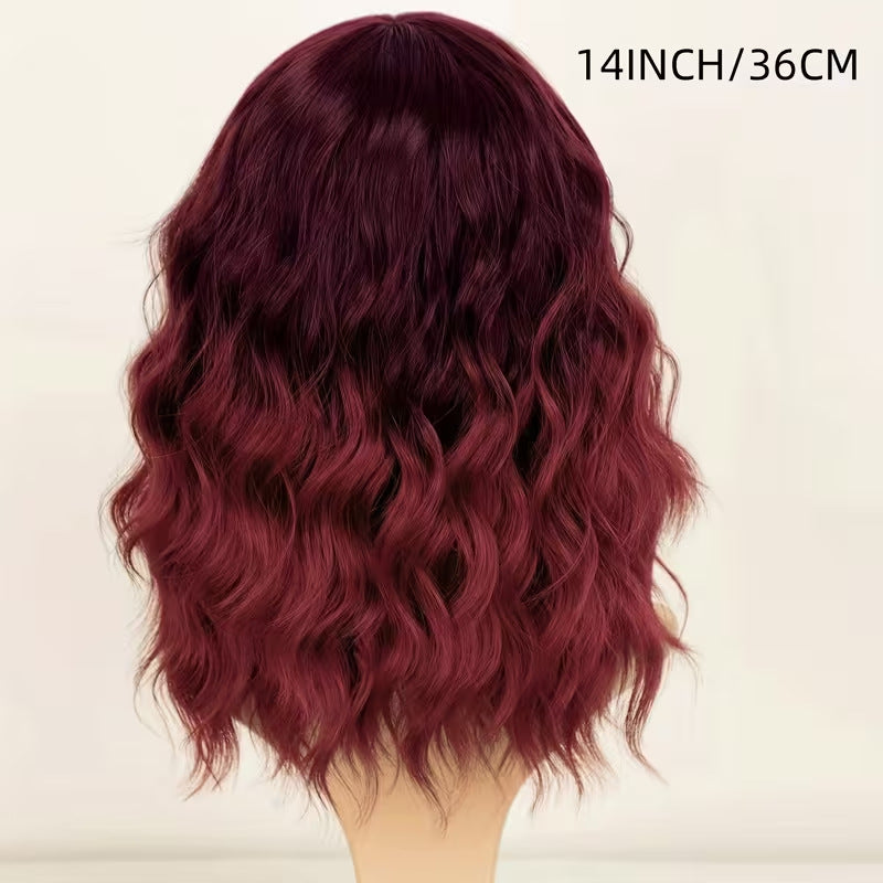 Women's Inch Wine Red Wave Head With Bangs Wig Short Curly Hair