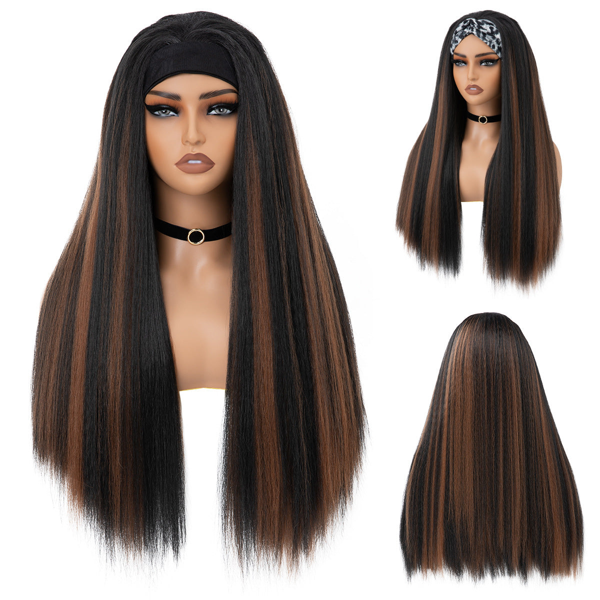 Popular Female Black Simulation Fluffy Headband Long Straight Wig