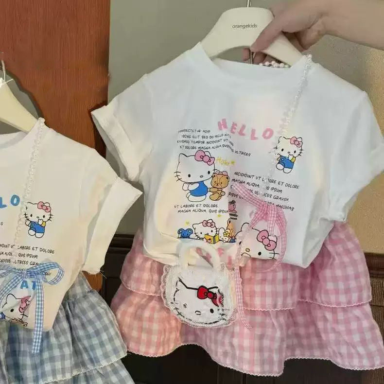 Sweet Cat Short-sleeved T-shirt Plaid Korean Style Fashionable Princess Two-piece Children's Suit