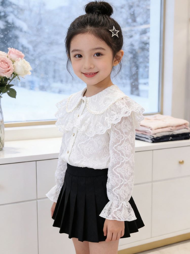Children's Style White Doll Collar Lace Top Children's Shirt