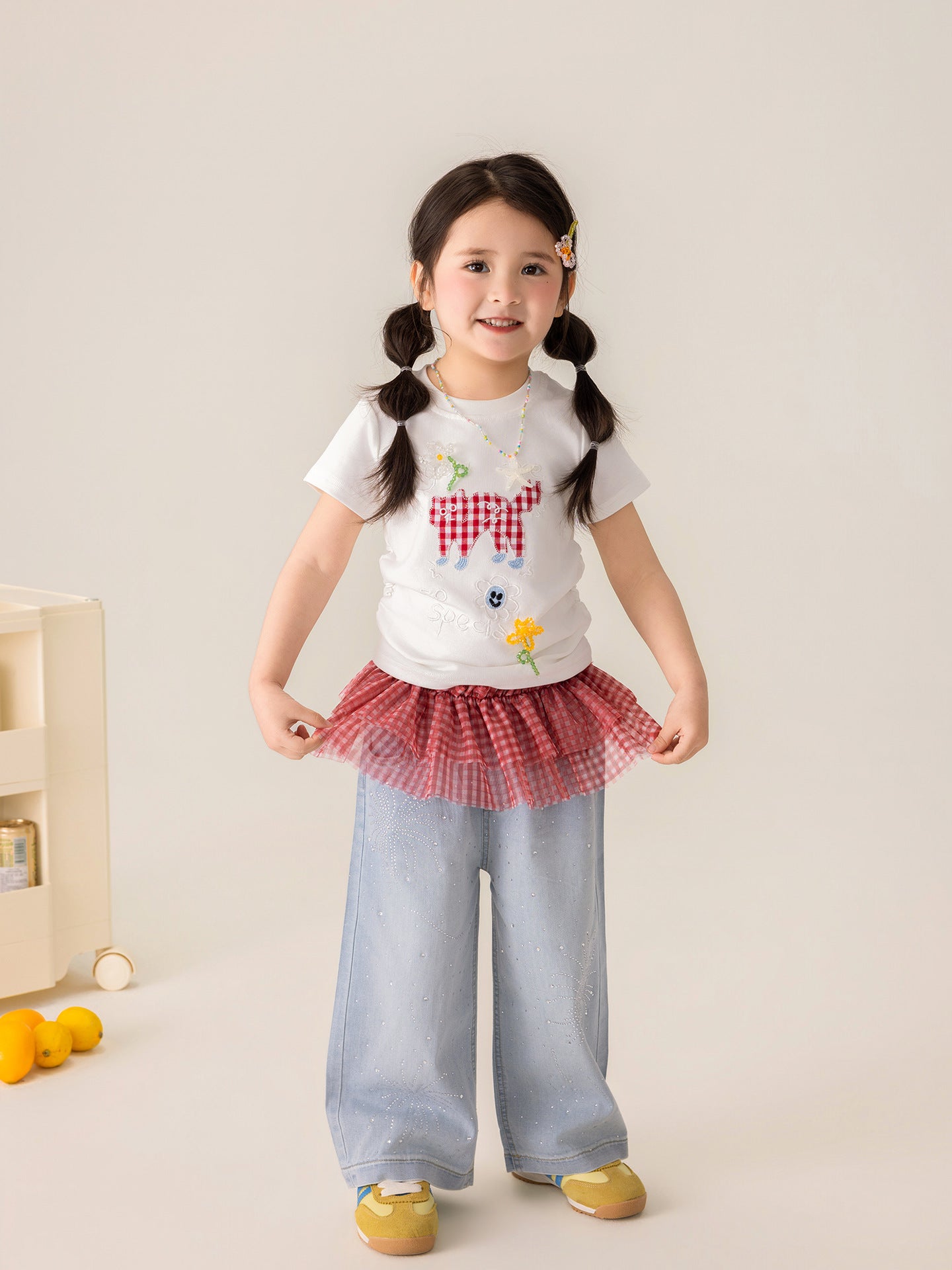 Children's Summer Short Sleeve High Elastic Thread Embroidery Hand Sewing Pearl Children's T-shirt