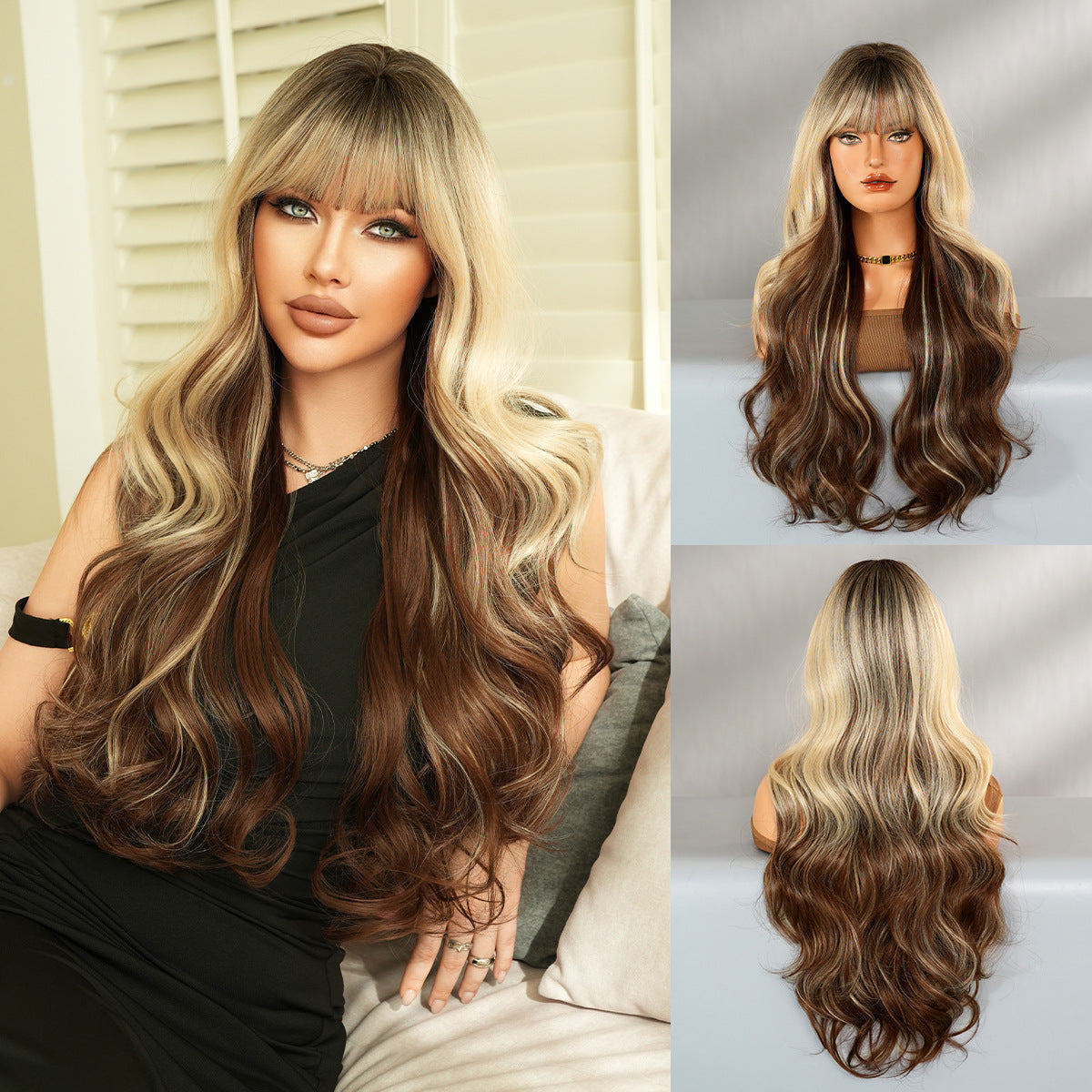 Gradient Color Wave Super Curly Hair Straight Bangs Fluffy Chemical Wig Long Curls
