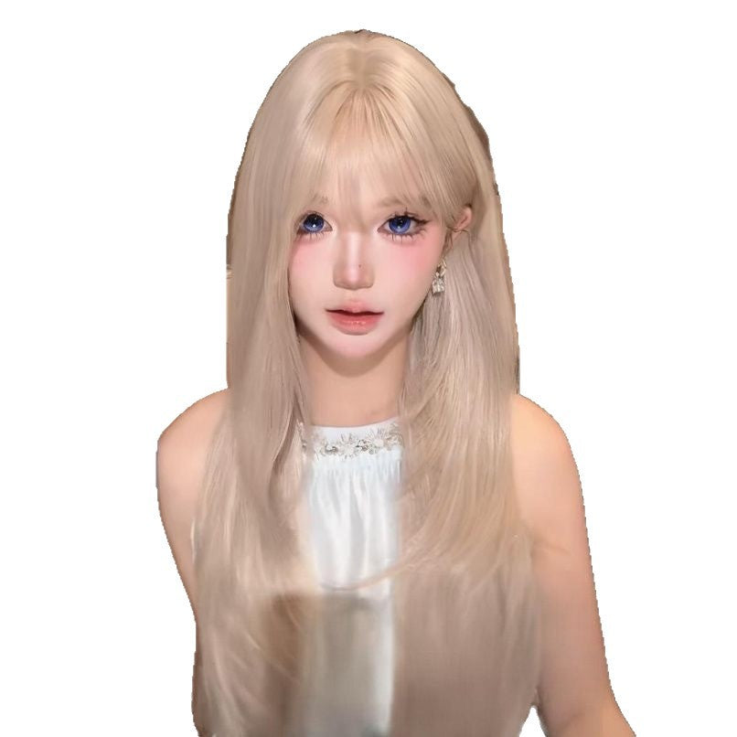 Women's Coney Milk Tea White Gold Color Bangs Long Straight Wig