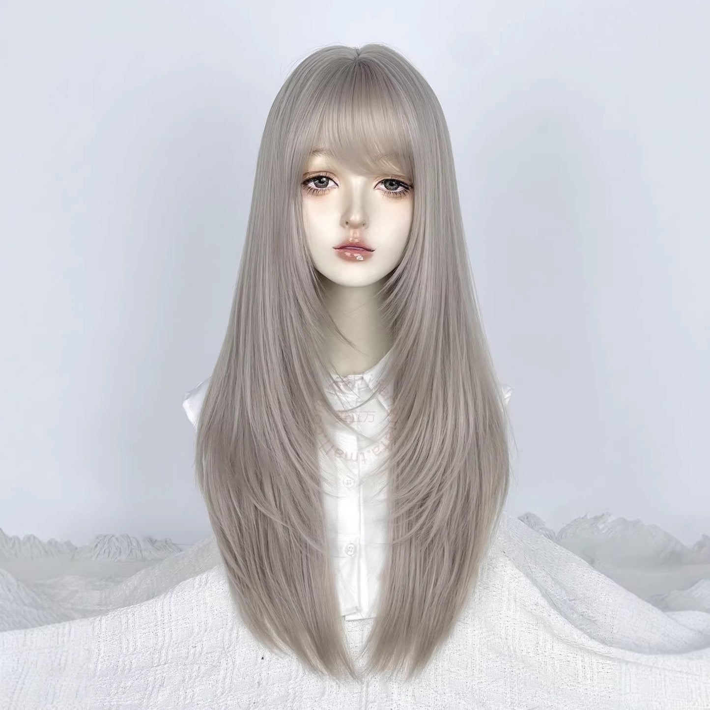 High-level Sier Gray Female Bangs White Long Straight Wig