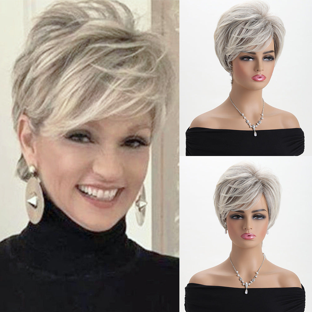 Female Mixed Golden Fluffy Chemical Fiber Wig Short Straight Hair
