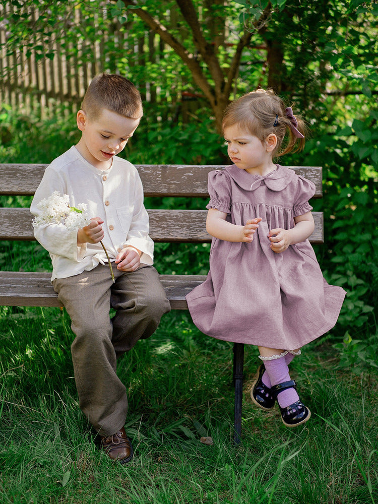 Women's & Children's Linen Doll Collar Comfortable Breathable Back Single-breasted Short Children's Dress