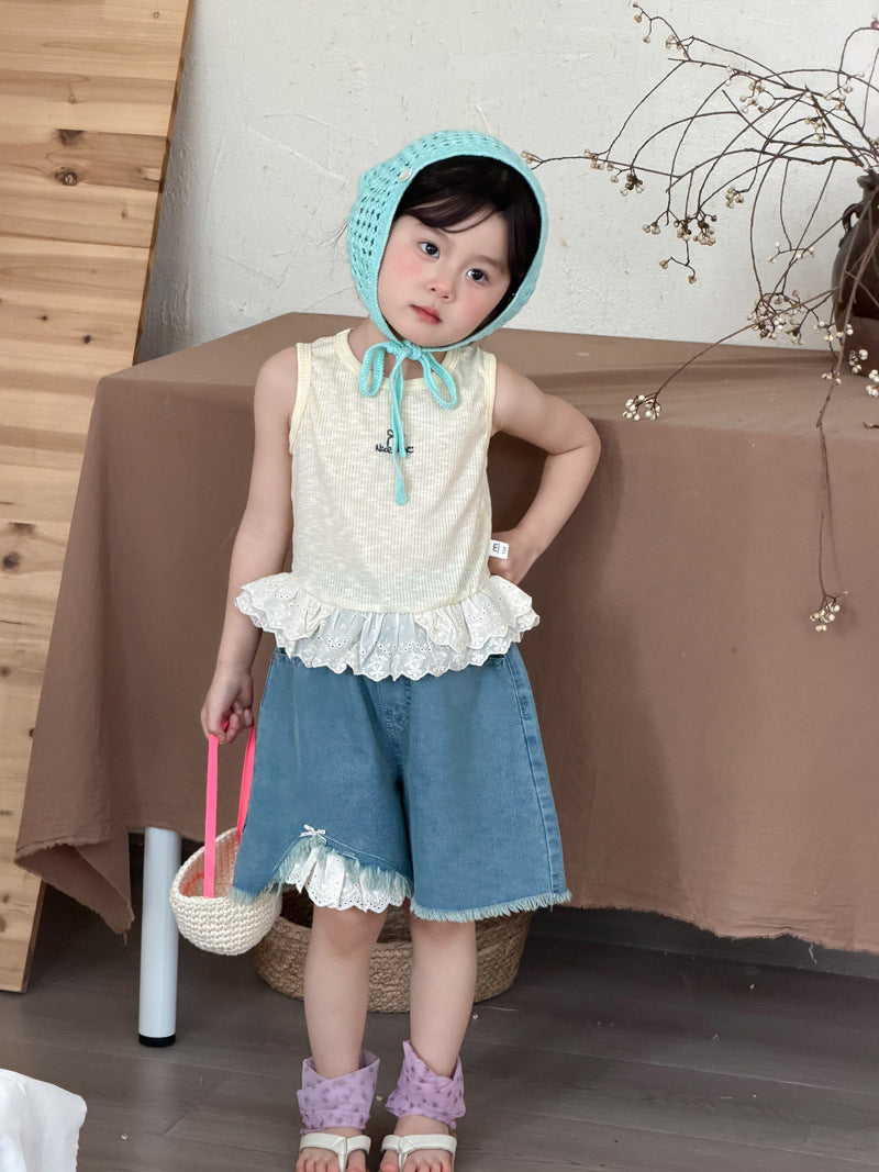 Children's Field Korean Style Tasseled Jeans Summer Lace Worn Fashionable Denim Children's Pants