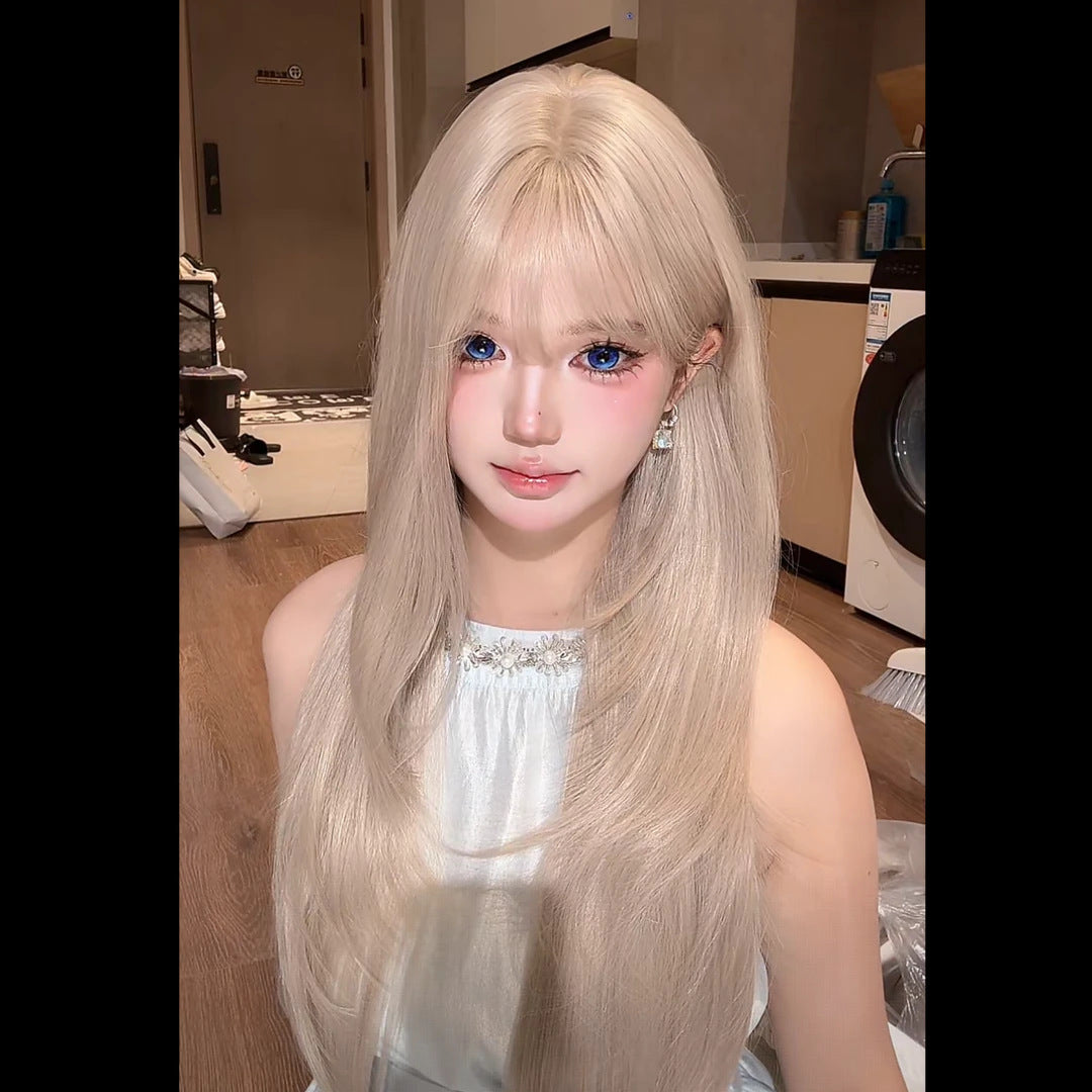 Women's Coney Milk Tea White Gold Color Bangs Long Straight Wig