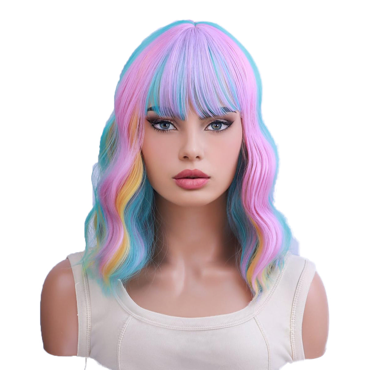 Colorful Gradient Female Style Bangs Realistic Wig Short Curly Hair