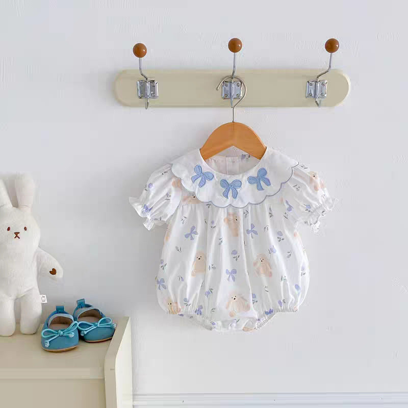 Children's Style Summer Bow Flower Embroidered Dress Rabbit Printed Thin Short Jumpsuit, Climbing Suit