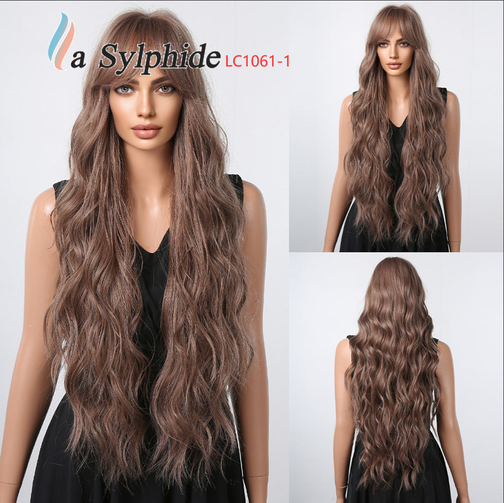 Female Bangs Super Curly Brown Fiber Mechanism Head Cover Wig Long Curls