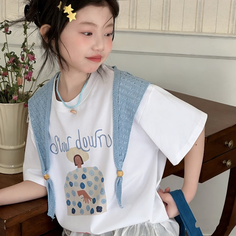 Summer Shawl Fake Two-piece Printed Fresh Casual Teens Tops Short Children's T-shirt