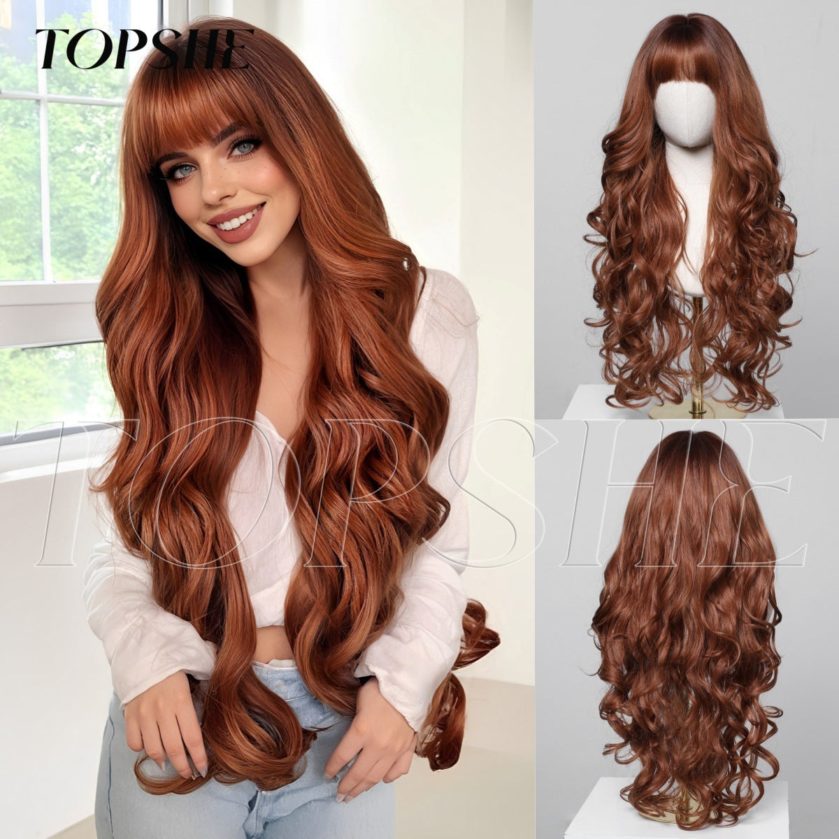 Dyed Brown Straight Bangs Big Wave Curly Wig Long Curls