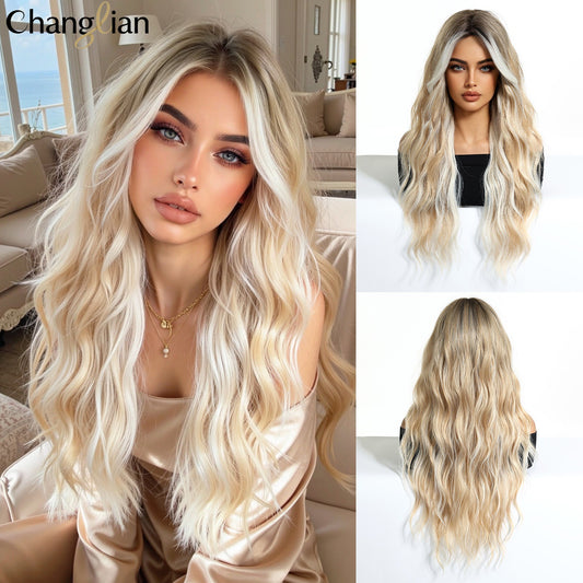 White Gold Color Highlight Big Wave Curly Hair Wig Long Curls