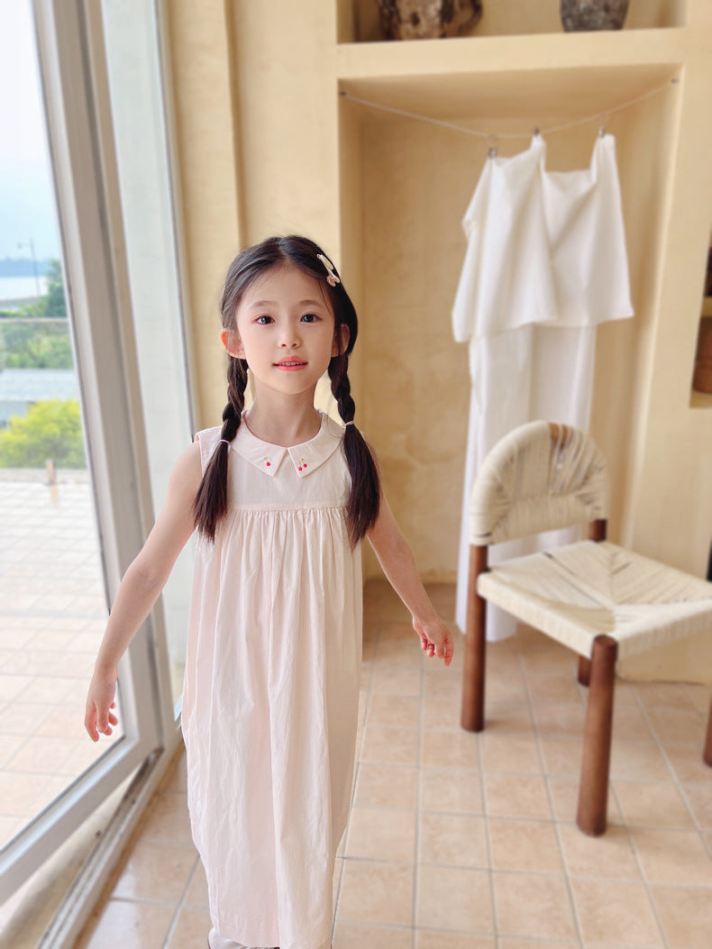 Summer Formal Cherry Embroidered Cotton Vest Children's Dress