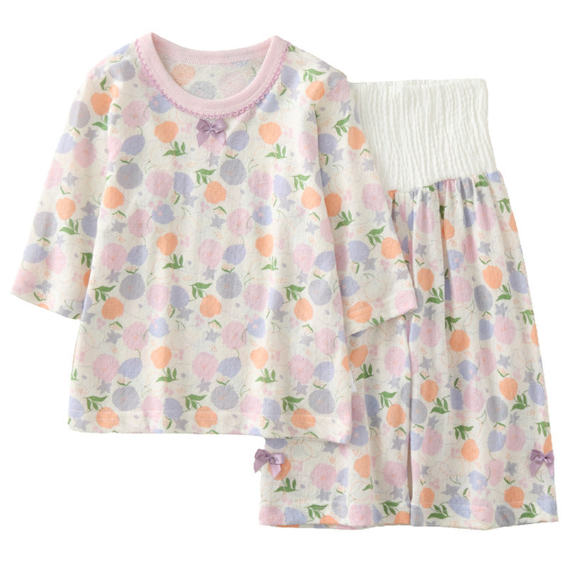 Children's Summer Three-quarter Sleeve High Waist Belly Protection Floral Thin Breathable Children's Suit