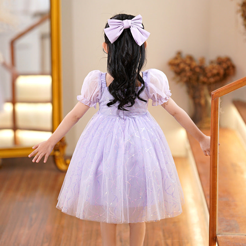 Children's Summer Puff Short Sleeve Bow Princess White Sequin Embroidery Day Children's Dress