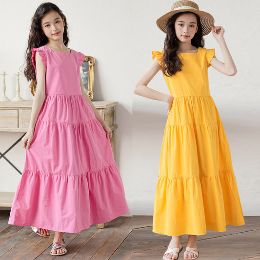 Women's & Children's Flying Sleeve Older Summer Clothes Middle Big Loose Cake Midi Children's Dress