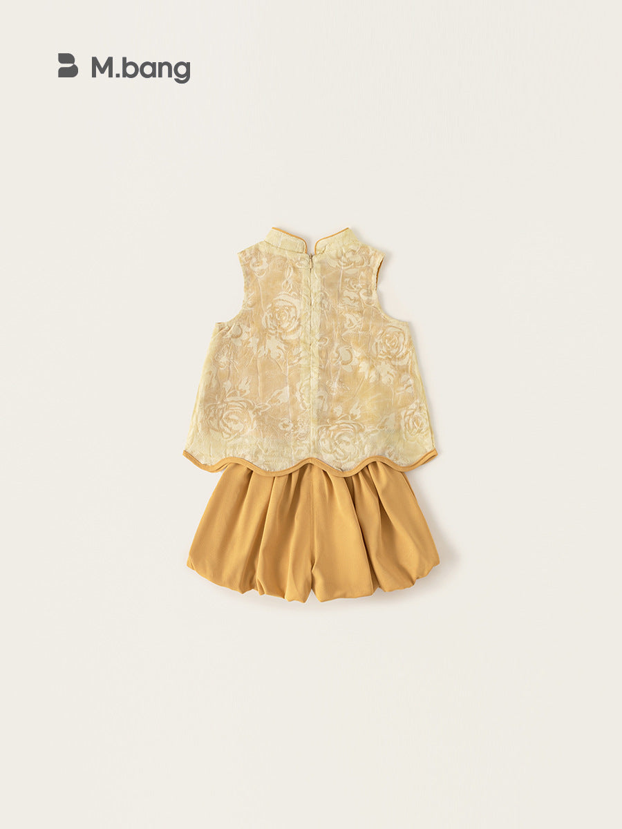 Children's Ethnic Style Sleeveless Top Solid Color Bud Skirt Pants Two-piece Children's Suit
