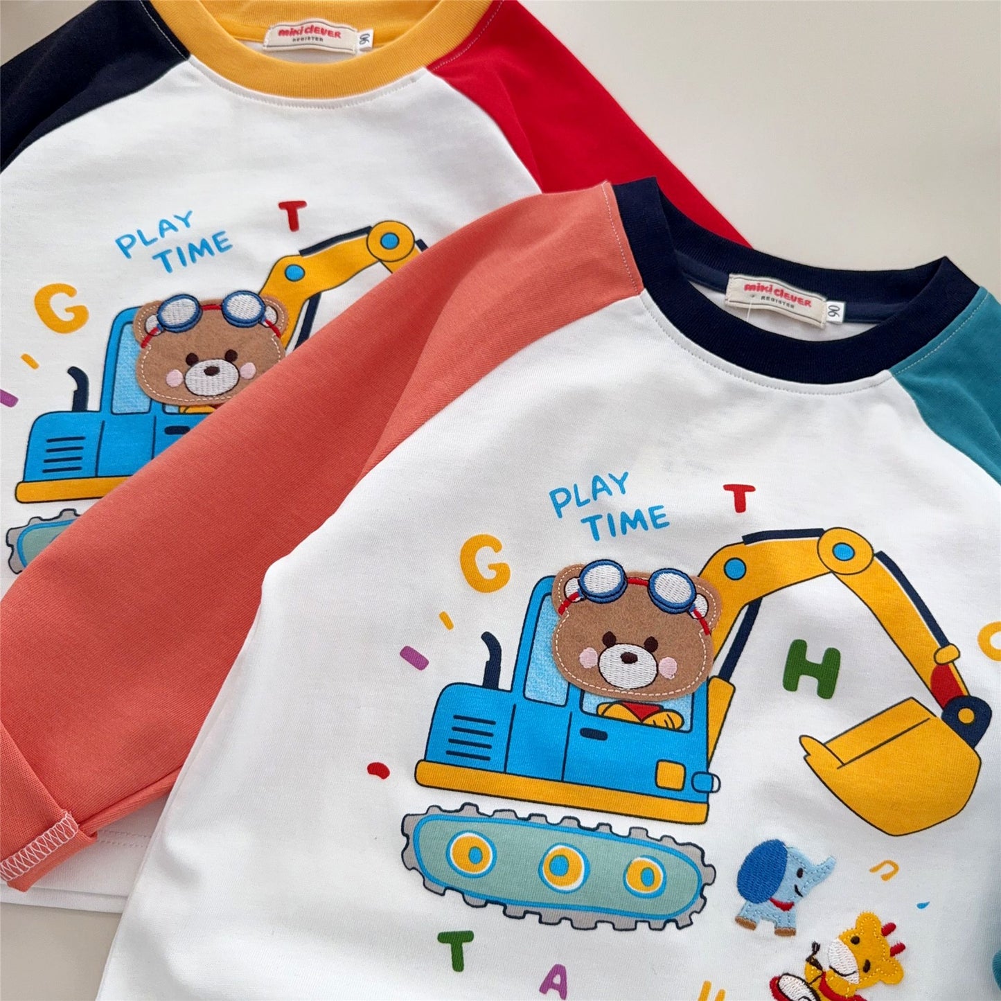 Children's Wear Long Sleeve Spring Boys Bear Excavator Two-color Children's T-shirt