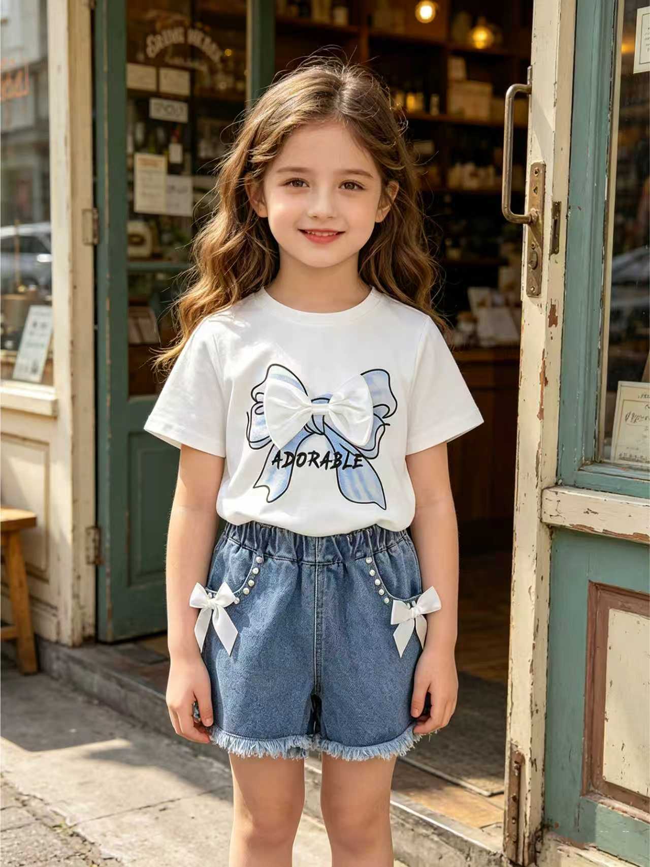 Round Neck Printed Knitted Top Denim Beaded Embroidered Jeans Children's Suit