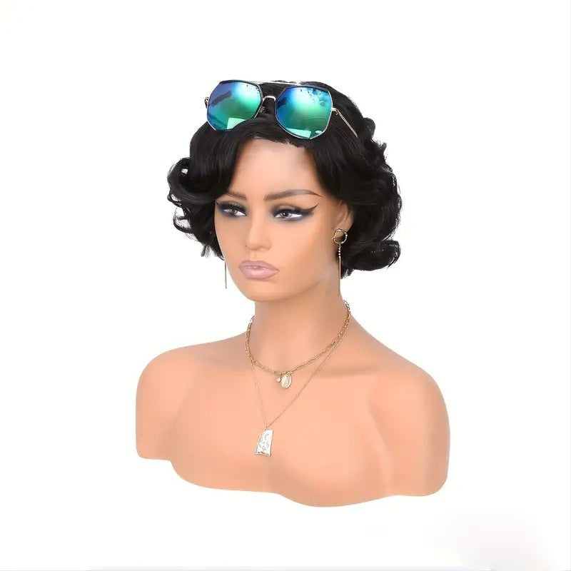 Black Front Lace Female Head Cover Fiber Wig Short Curly Hair