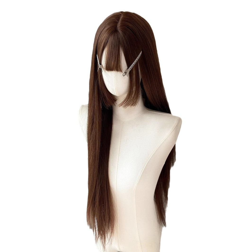 Green Tea Burnt Brown Soft Round Face Princess Cut Matte Long Straight Wig