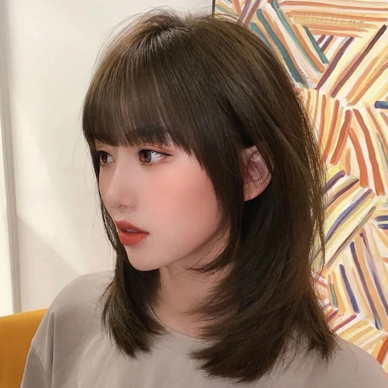 Women's Wigs Mid-length Air Bangs Collarbone Length Haircut Real Hair Wig