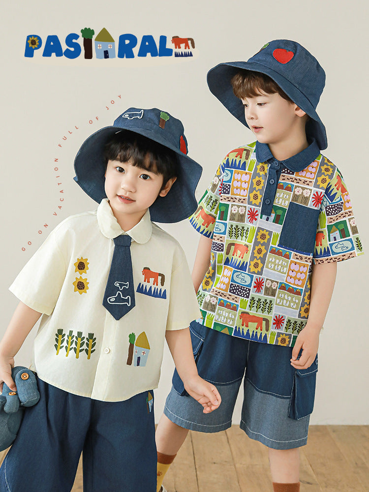 Lapel Lightweight Short-sleeved T-shirt Loose Jeans Pastoral Children's Shirt