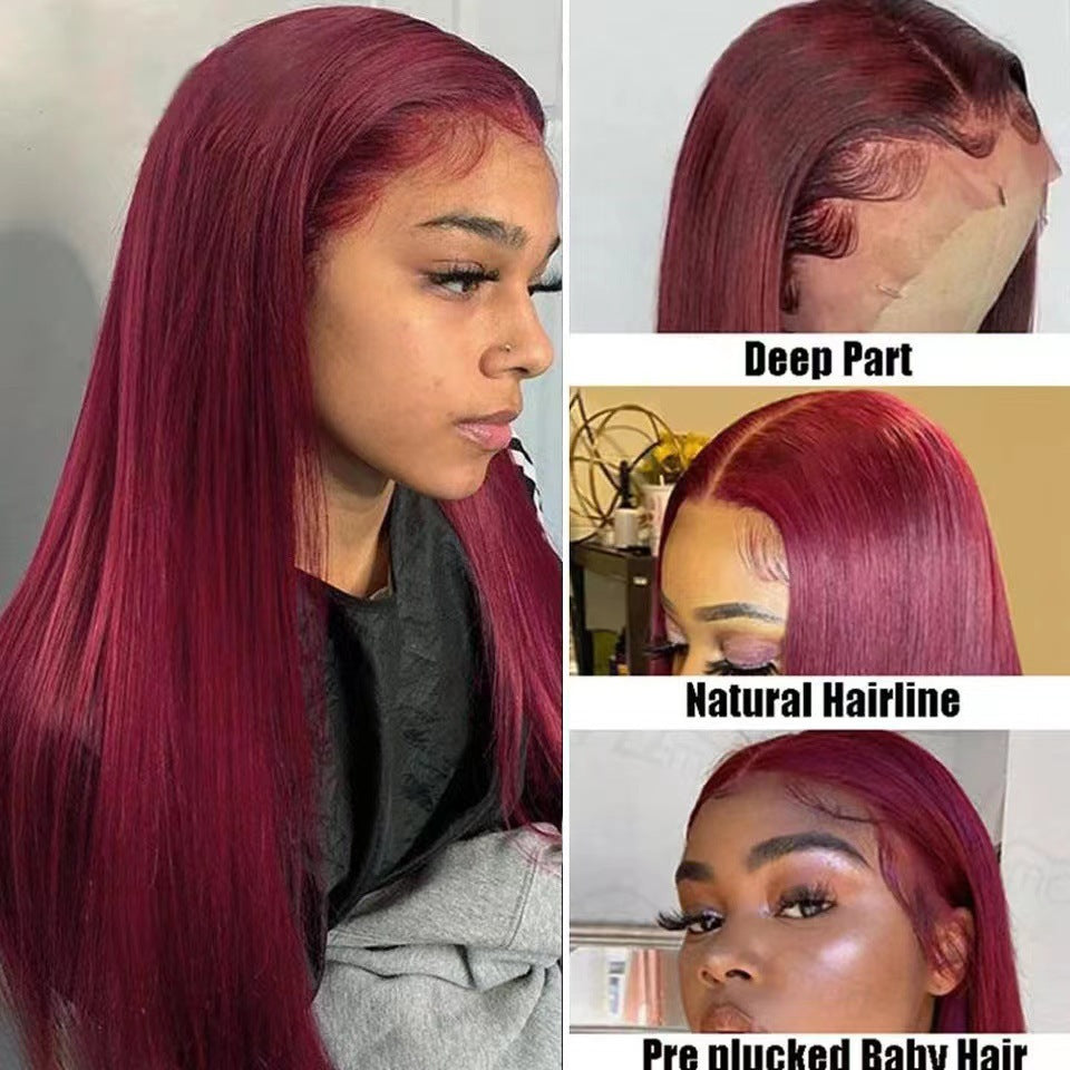 Women's Wine Red Front Lace Chemical Fiber Fashion Long Straight Wig