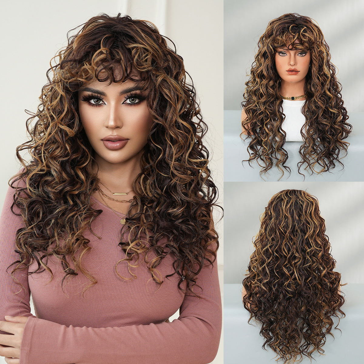 Fashion Fluffy Natural Air Bangs Small Roll Rose Net Head Wig Long Curls