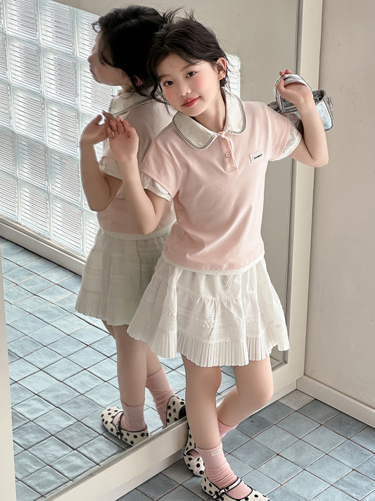 Sweet Set Summer Middle Big Fake Two-piece Shirt Skirt Children's Suit