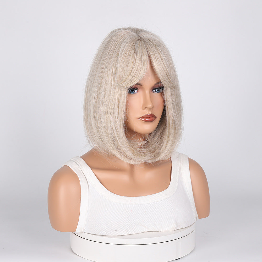 Fashion Women's Gray Golden Straight Bangs Wig Short Curly Hair