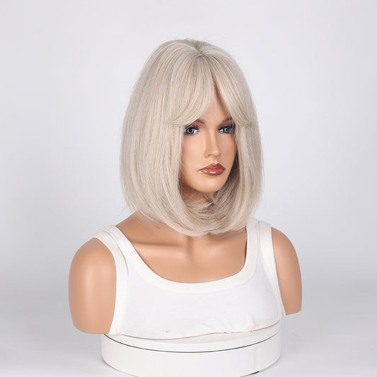 Fashion Women's Gray Golden Straight Bangs Wig Short Curly Hair