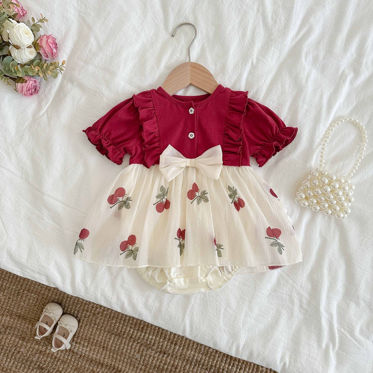 Summer Thin Clothes Western Style Lace Born Princess Red Jumpsuit, Climbing Suit