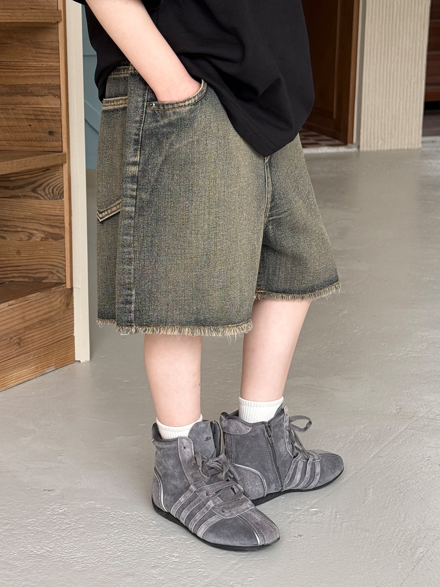 Style Fashion Retro Distressed Raw Edges Design Casual Children's Pants