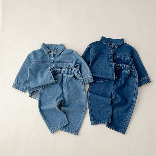 Children's Korean Style Denim Boy Retro Long-sleeved Shirt Children's Suit