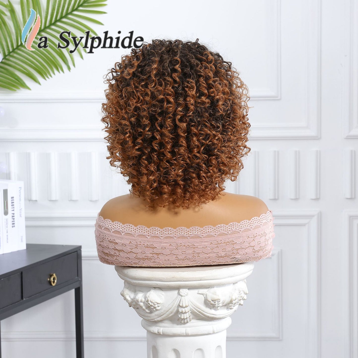 Bangs Orange Highlight Color Mixing Machine Wig Short Curly Hair