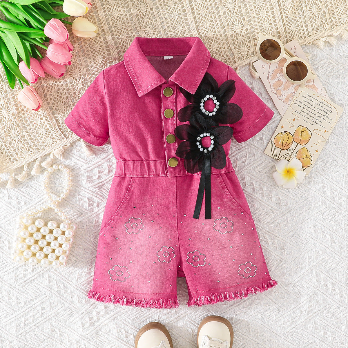 Lapel Waist Tight Pearl Flower Decoration Jumpsuit, Climbing Suit