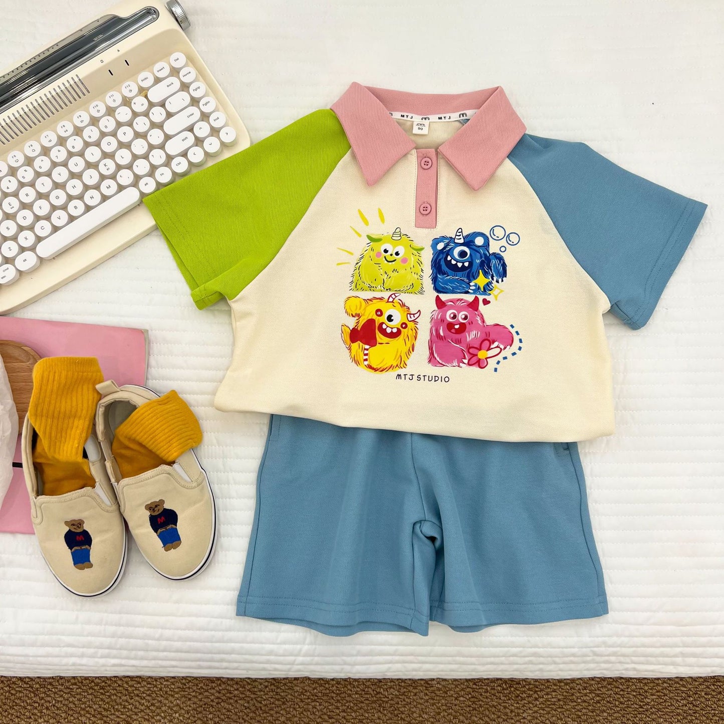 Children's Cartoon Color Matching Sleeve Shirt Short Shorts Children's Suit