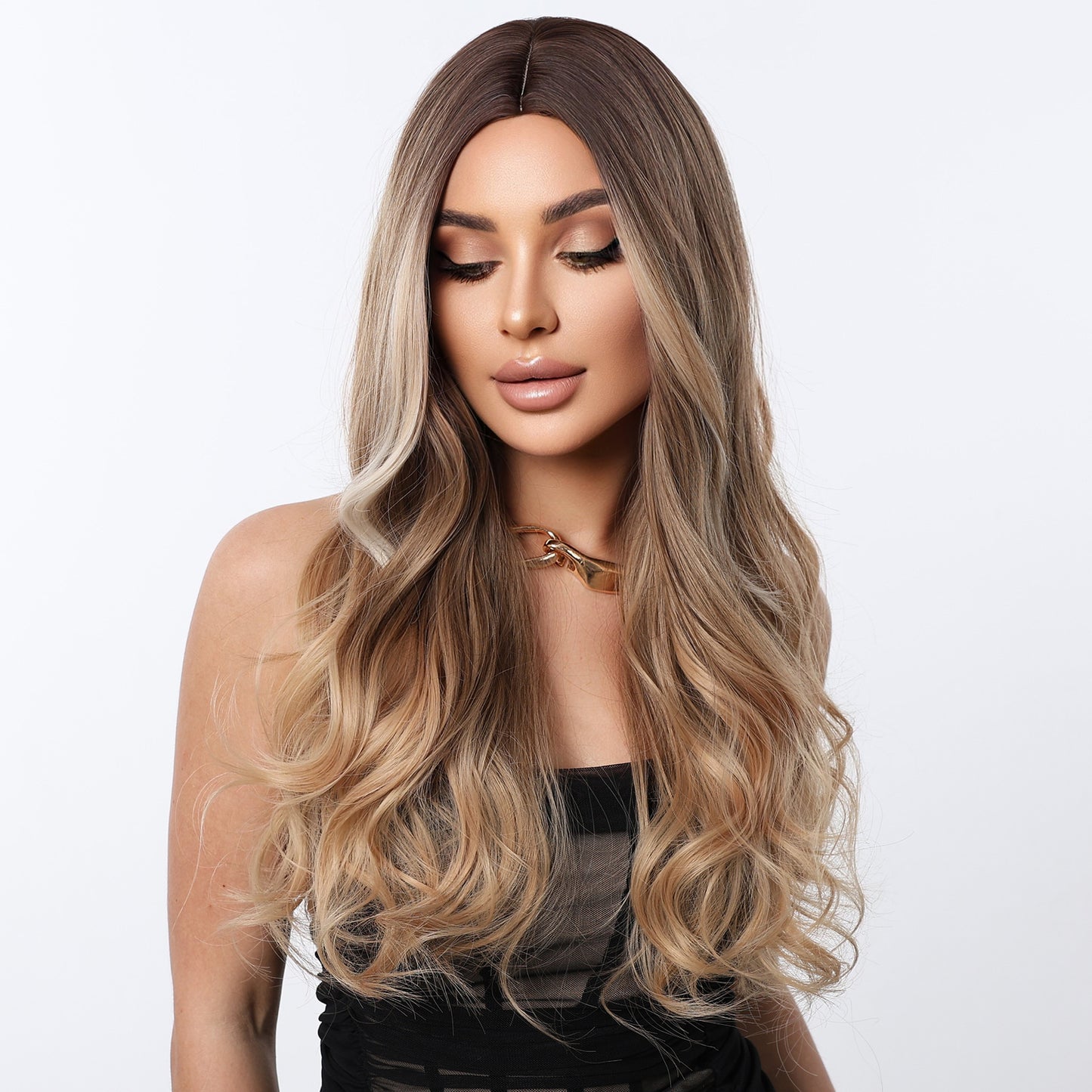 Female Curly Hair Chemical Fiber Fashion Medium Gradient Brown Big Wig Long Curls
