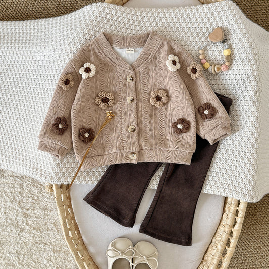 Flower Knitted Cardigan Korean Handmade Small Sweater Bootleg Children's Suit