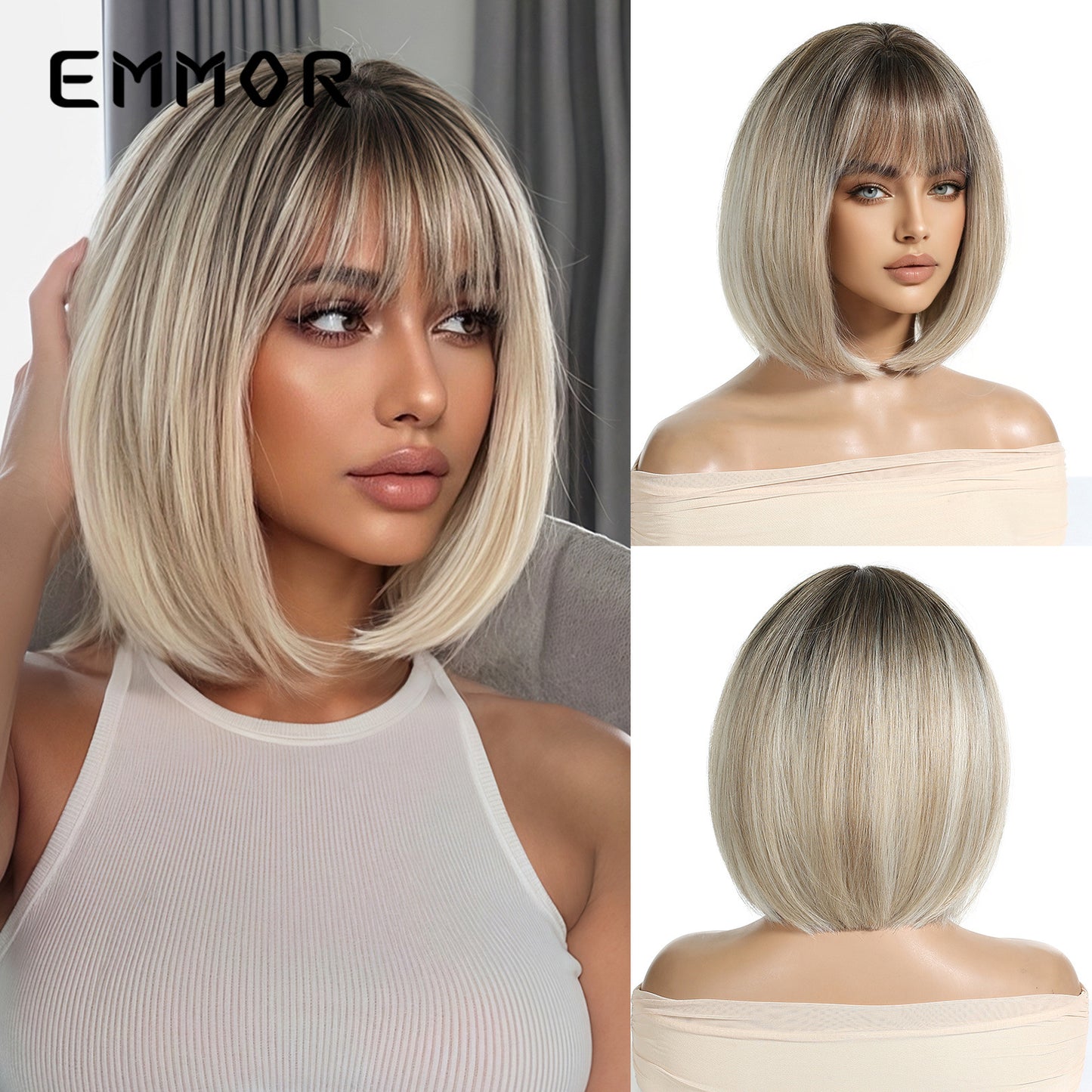Breathable Bangs Gradient Gold Wave Full Wig Short Straight Hair