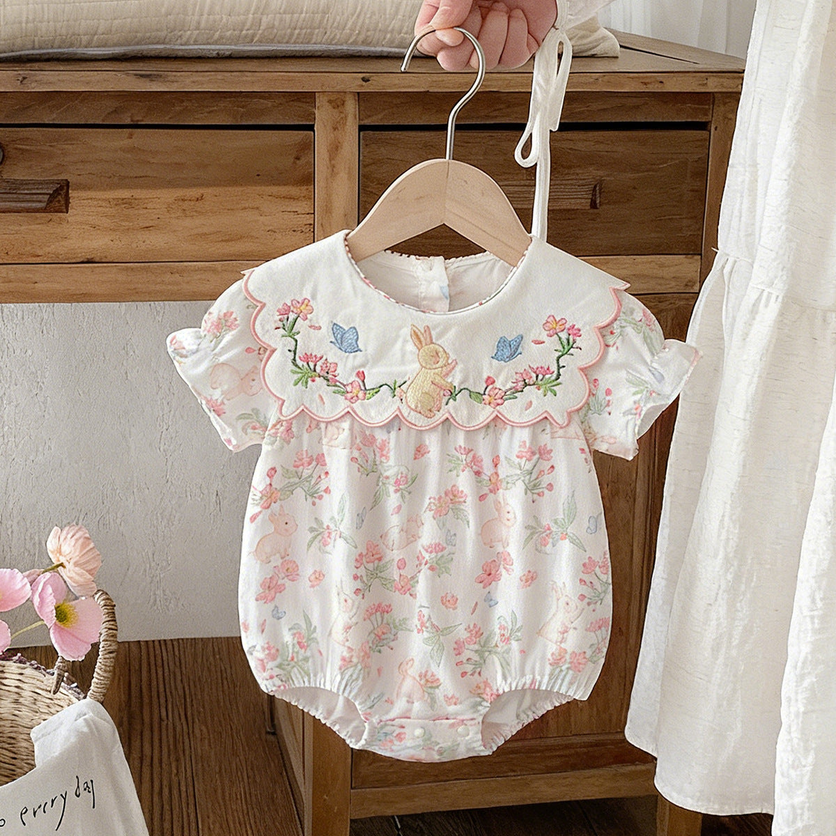 Butterfly Flower Embroidery Jumpsuit Home Comfortable Breathable Short Sleeve Triangle Jumpsuit, Climbing Suit