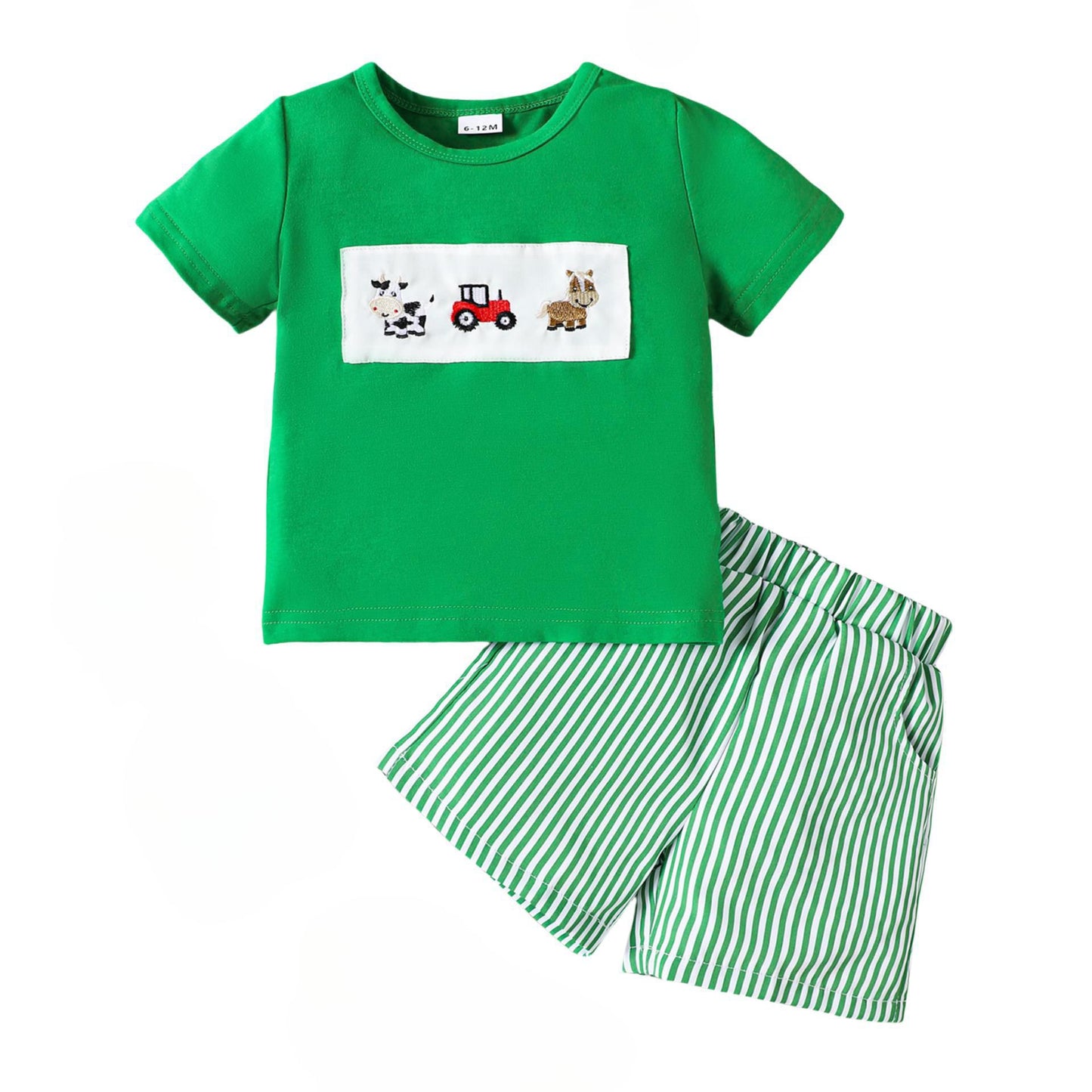 Boy Casual Cartoon Car Animal Embroidery Short-sleeved T-shirt Striped Children's Suit