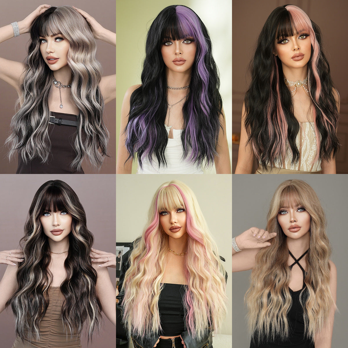 Women's Hair Sier Gray Highlight Full Head Big Wave Wig Long Curls