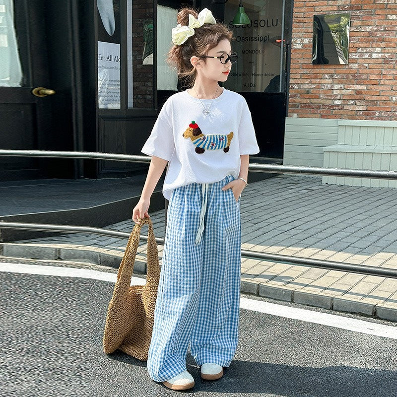 Children's Summer Short-sleeved Western Style Plaid Pants Children's Suit
