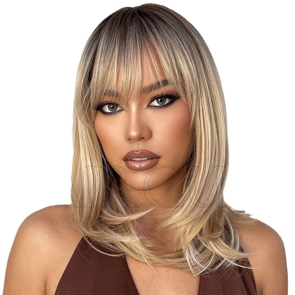 Female Hair Head Gradient Color Golden Bangs Cover Long Straight Wig