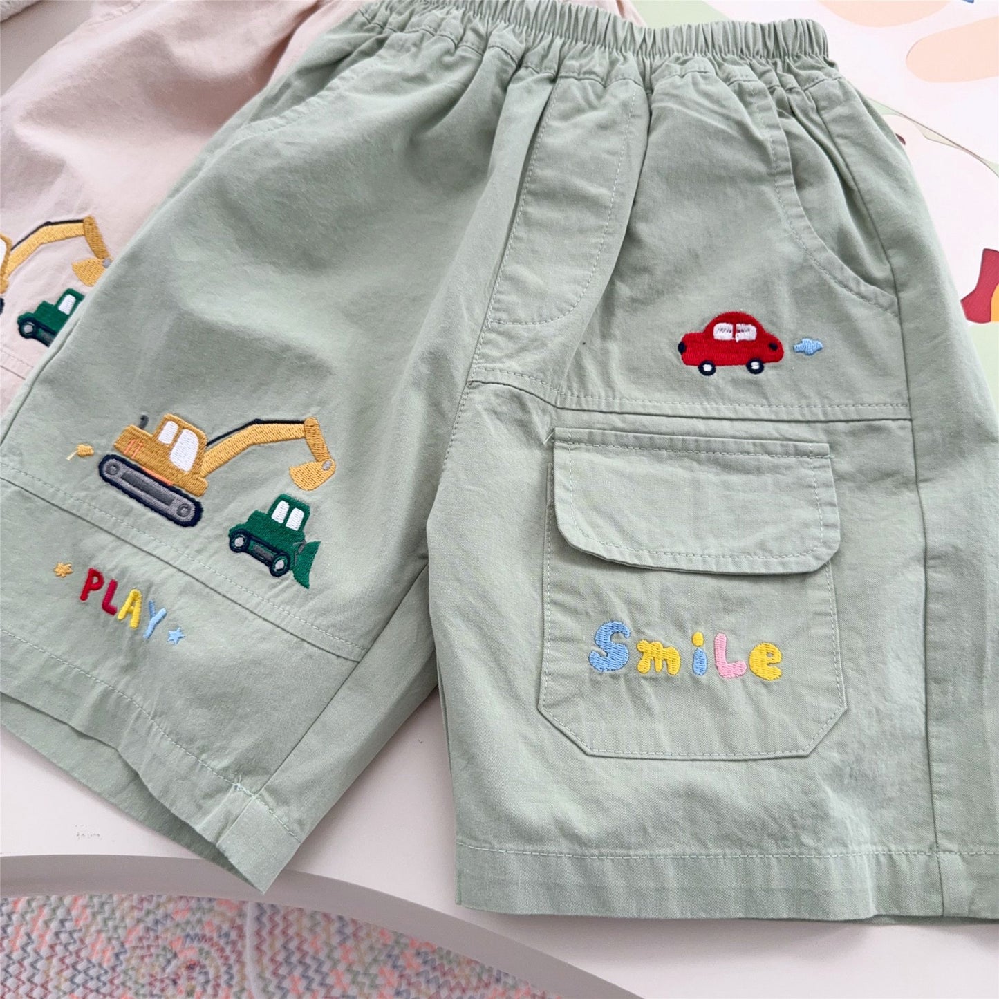 Women's & Men's Summer Cartoon Excavator Car Patch Embroidery Shorts Children's Pants